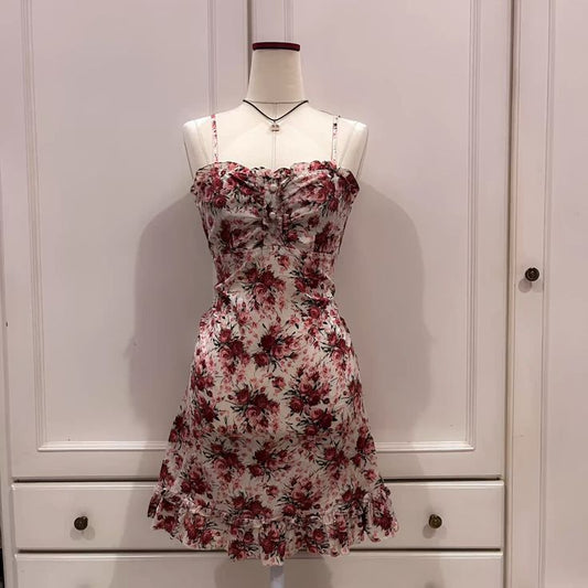 Vestido corto de gasa con tirantes finos, corte A, floral, para fiesta de graduación, fiesta de bienvenida y cumpleaños GG3272