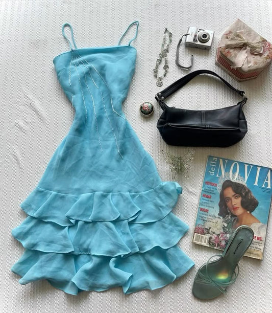 Vestido de fiesta corto de gasa azul con tirantes finos, corte A, para regreso a casa y cumpleaños GG3275
