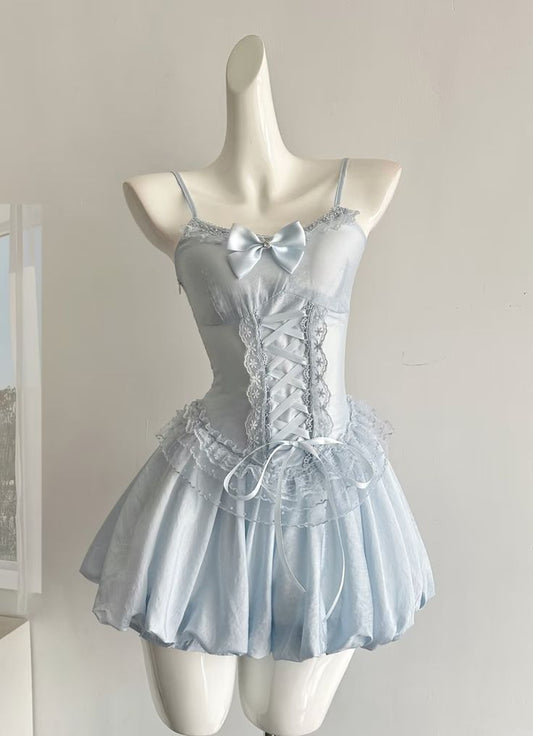 Vestido de fiesta corto de satén azul pálido con tirantes finos, corte A, para regreso a casa y cumpleaños GG3291