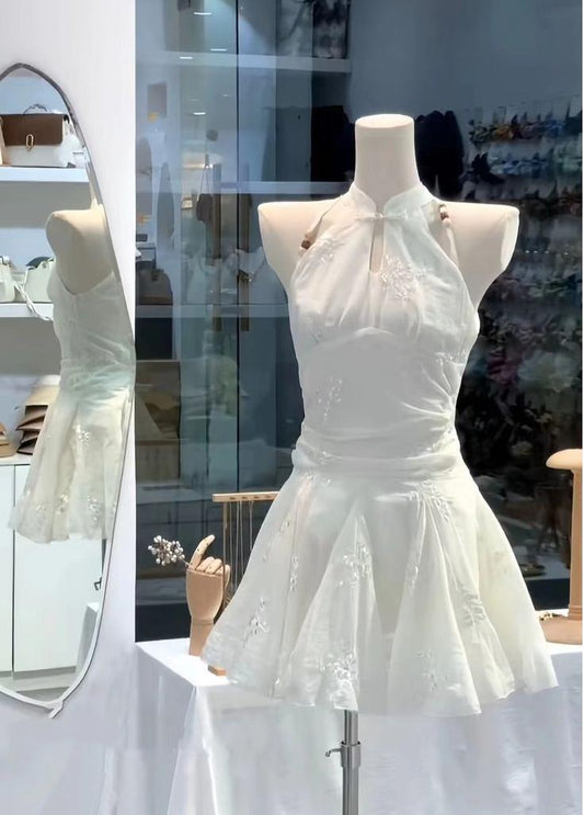 Vestido de fiesta corto de satén con cuello halter, elegante, corte A, para regreso a casa y cumpleaños GG3292