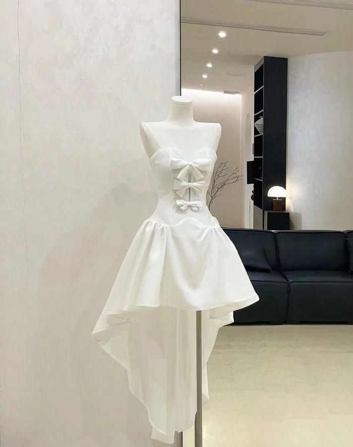 Vestido de fiesta corto de gasa con lazo, corte A, sin tirantes, para regreso a casa y cumpleaños, GG3296