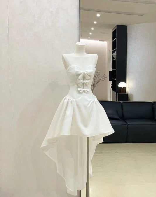 Vestido de fiesta corto de gasa con lazo, corte A, sin tirantes, para regreso a casa y cumpleaños, GG3296
