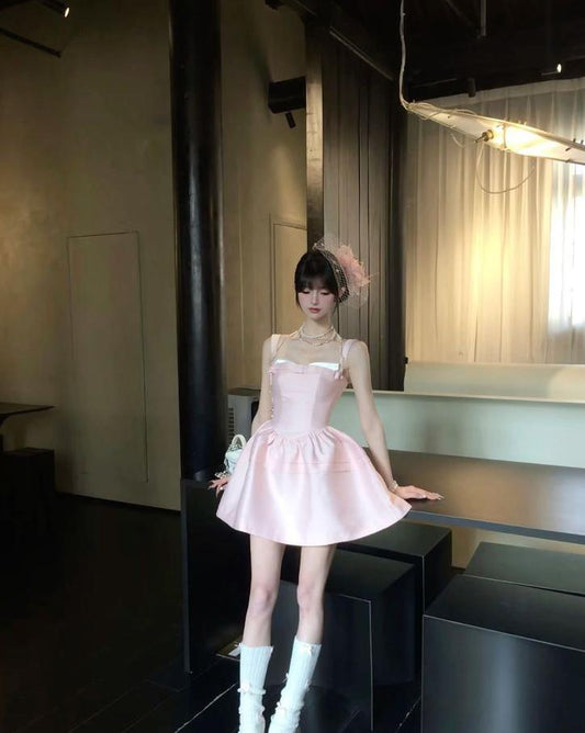 Vestido corto de satén rosa con tirantes finos, corte A, para fiesta de bienvenida y cumpleaños, GG3297