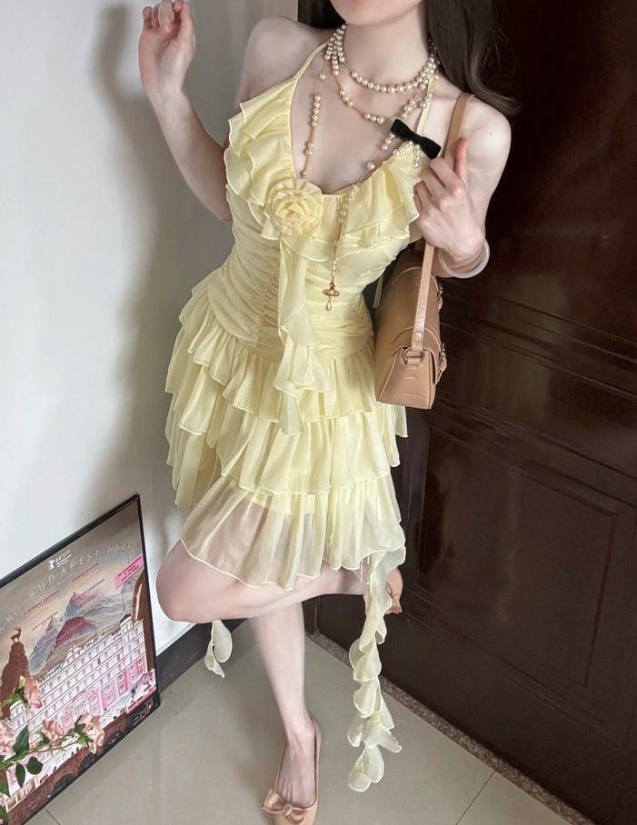 Vestido corto de fiesta, de gasa, con volantes, corte A, amarillo pastel, estilo halter, para regreso a casa y cumpleaños, GG3299
