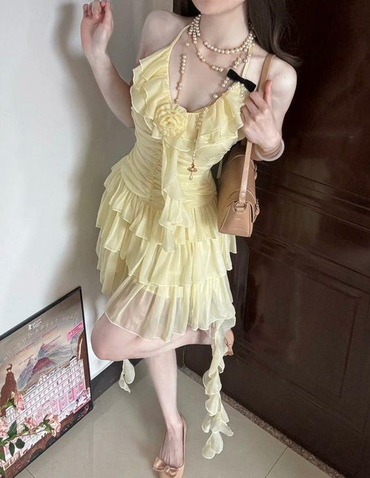 Vestido corto de fiesta, de gasa, con volantes, corte A, amarillo pastel, estilo halter, para regreso a casa y cumpleaños, GG3299