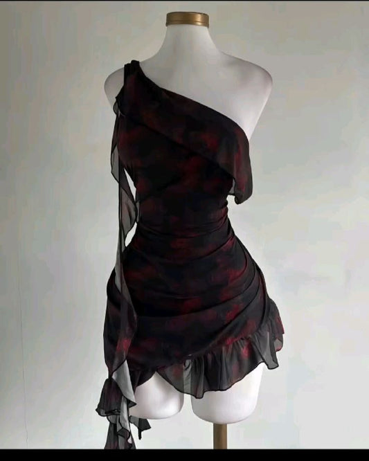 Vestido de fiesta corto de gasa con un hombro al descubierto, estilo sirena, con estampado floral, para regreso a casa y cumpleaños GG3306