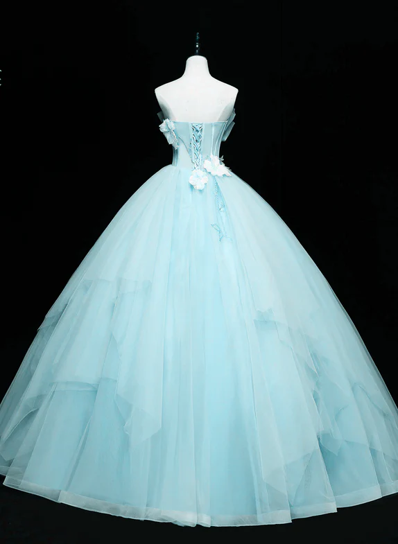Elegante vestido de fiesta largo de tul azul sin tirantes, vestido de novia, vestido de noche GG330
