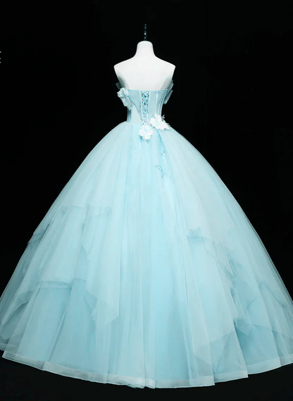 Elegante vestido de fiesta largo de tul azul sin tirantes, vestido de novia, vestido de noche GG330
