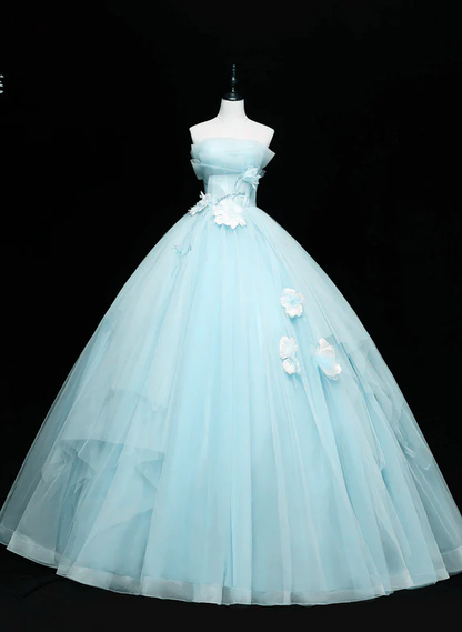 Elegante vestido de fiesta largo de tul azul sin tirantes, vestido de novia, vestido de noche GG330