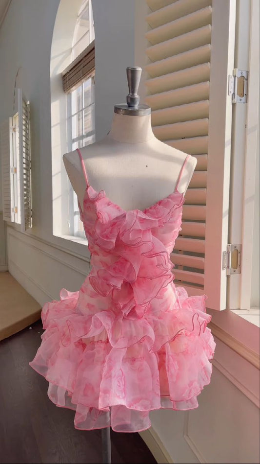 Vestido de fiesta corto de gasa con tirantes finos, corte A, para regreso a casa y cumpleaños, GG3310