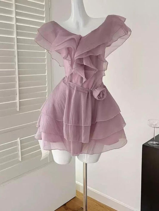 Vestido de fiesta corto de gasa con capas, corte A, color rosa empolvado, para regreso a casa y cumpleaños GG3317