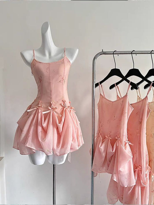 Vestido de fiesta corto de gasa con tirantes finos, estampado floral, corte A, color melocotón, para regreso a casa y cumpleaños, GG3320