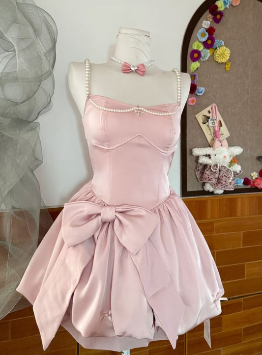 Vestido de fiesta corto rosa dulce con tirantes finos, satén, lazo de cuentas, corte A, para regreso a casa y cumpleaños GG3321