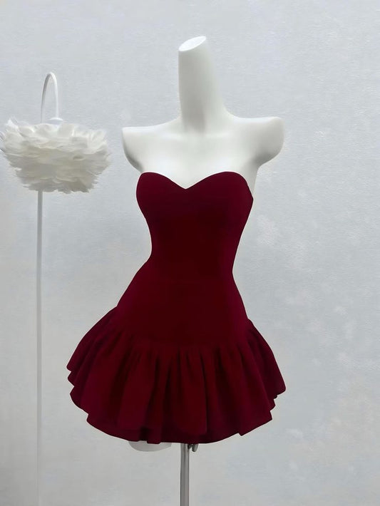 Vestido de fiesta corto de satén burdeos, corte A, sin tirantes, para regreso a casa y cumpleaños GG3324