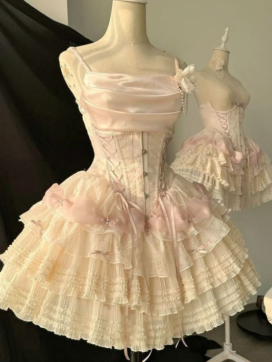Vestido de fiesta corto con tirantes finos, satén, tul y encaje, ideal para fiestas de bienvenida y cumpleaños, GG3325