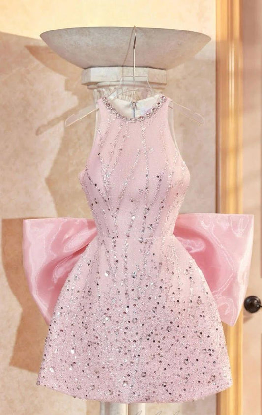 Vestido corto rosa de fiesta, corte A, de satén, con lentejuelas, espalda con cuentas y lazo, para regreso a casa o cumpleaños, GG3330