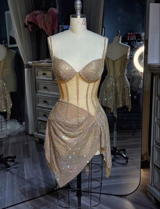 Vestido de fiesta corto de tul con lentejuelas y tirantes finos de sirena dorada, vestido de regreso a casa y vestido de cumpleaños GG3332