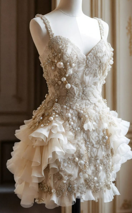 Hermoso vestido de fiesta corto de gasa con lentejuelas y escote en A, con tirantes finos, para regreso a casa y cumpleaños GG3333