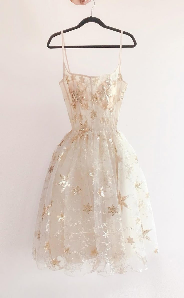 Vestido corto de fiesta con corte en A, de tul con encaje y estrellas finas, para regreso a casa y cumpleaños GG3334