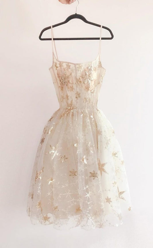 Vestido corto de fiesta con corte en A, de tul con encaje y estrellas finas, para regreso a casa y cumpleaños GG3334
