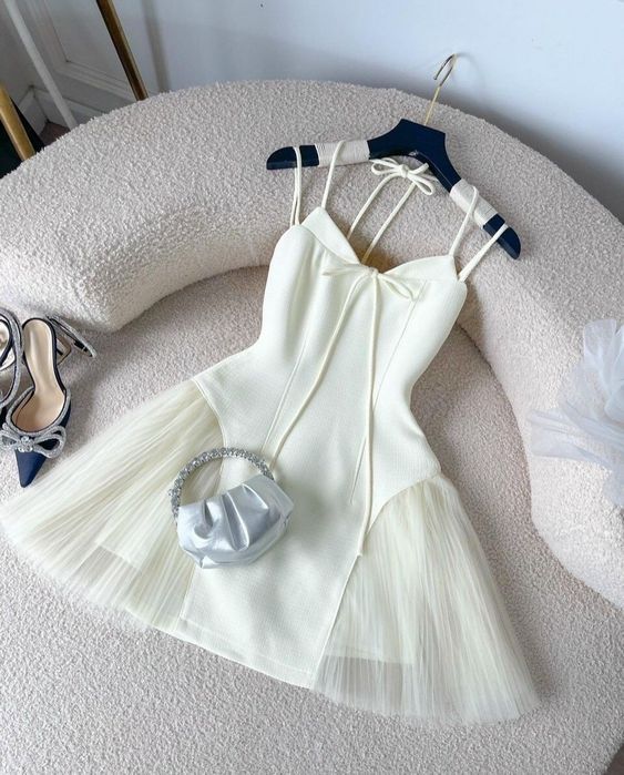 Vestido corto de tul satinado con escote en A y estrellas espaguetis, ideal para fiesta de bienvenida y cumpleaños, GG3336