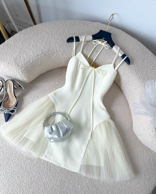 Vestido corto de tul satinado con escote en A y estrellas espaguetis, ideal para fiesta de bienvenida y cumpleaños, GG3336