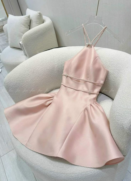 Vestido de fiesta corto de satén con escote halter, corte A, color rosa dulce, para regreso a casa y cumpleaños GG3337