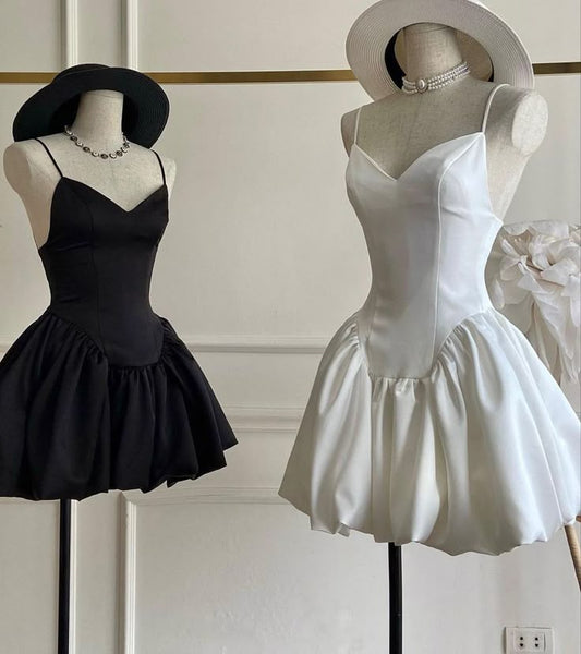 Vestido de fiesta corto de satén con tirantes finos, corte A, para regreso a casa y cumpleaños GG3339