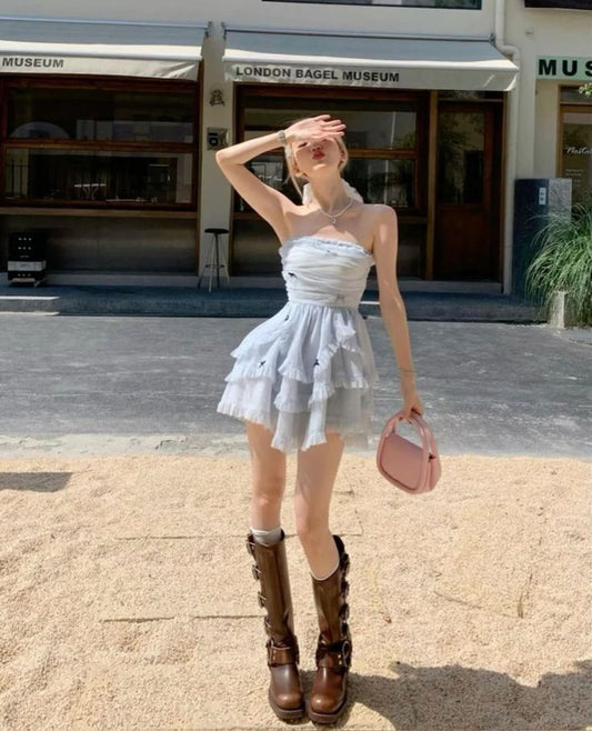 Vestido de fiesta corto de gasa elegante, sin tirantes, corte A, para regreso a casa y cumpleaños GG3340