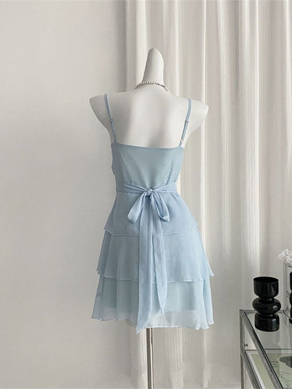 Vestido de fiesta corto de gasa con tirantes finos, corte A, azul claro, con capas, para regreso a casa y cumpleaños GG3342