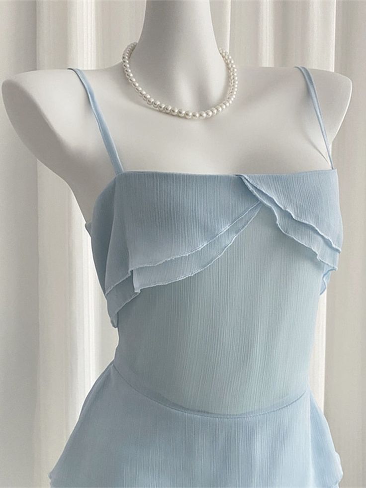 Vestido de fiesta corto de gasa con tirantes finos, corte A, azul claro, con capas, para regreso a casa y cumpleaños GG3342