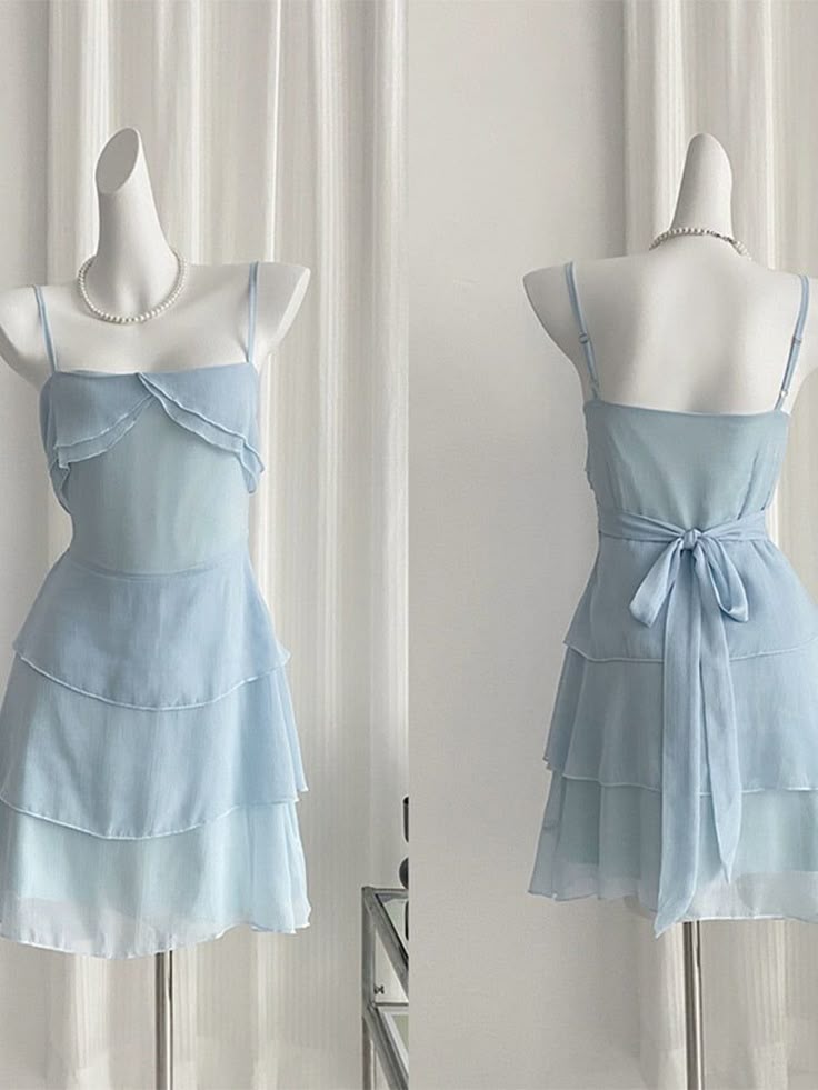 Vestido de fiesta corto de gasa con tirantes finos, corte A, azul claro, con capas, para regreso a casa y cumpleaños GG3342