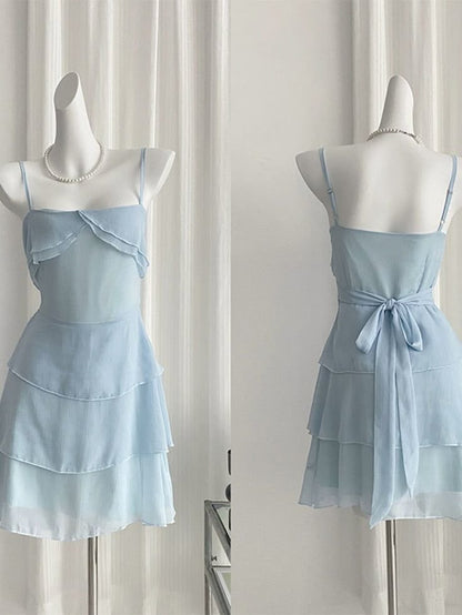 Vestido de fiesta corto de gasa con tirantes finos, corte A, azul claro, con capas, para regreso a casa y cumpleaños GG3342