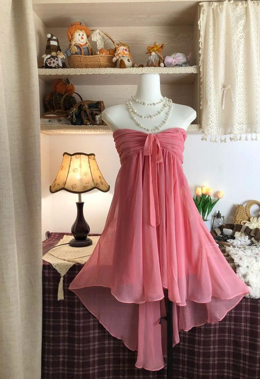 Vestido de fiesta corto de gasa rosa intenso, corte A, sin tirantes, para regreso a casa y cumpleaños GG3343