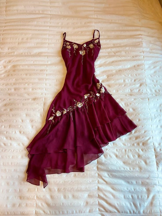 Vestido de fiesta corto de gasa con tirantes finos, corte en A, color burdeos, con apliques, para regreso a casa y cumpleaños, GG3346
