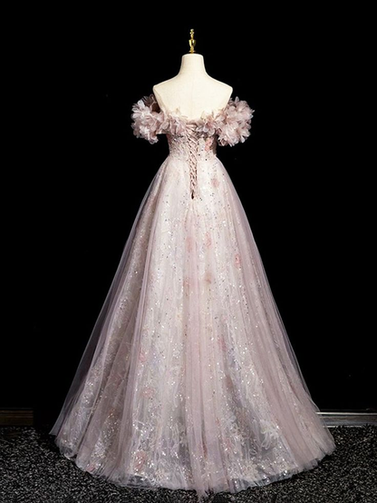 Exquisito vestido de fiesta largo de tul con lentejuelas y hombros descubiertos, vestido de noche GG334