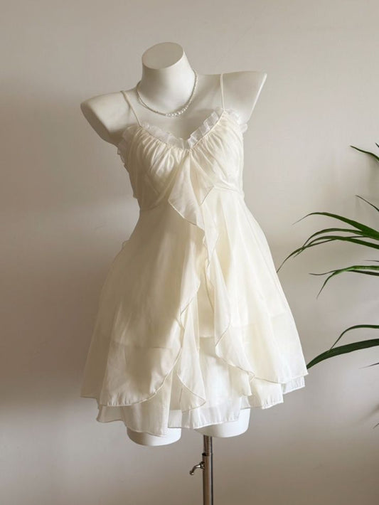 Vestido corto de gasa color marfil claro con tirantes finos, corte A, para fiesta de bienvenida y cumpleaños GG3351