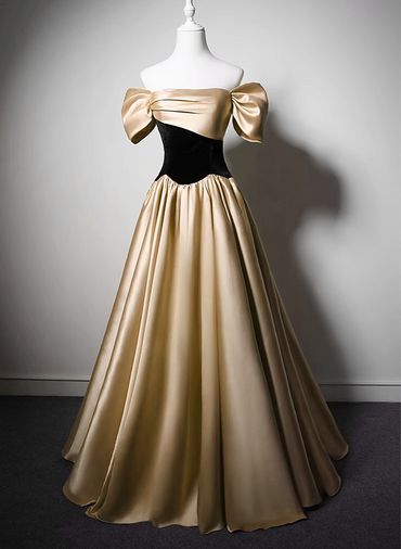 Elegante vestido de fiesta largo de satén dorado con hombros descubiertos, corte A, vestido de noche GG337
