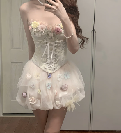 Vestido de fiesta corto con apliques de tul satinado, sin tirantes, corte A, para regreso a casa y cumpleaños, GG3370