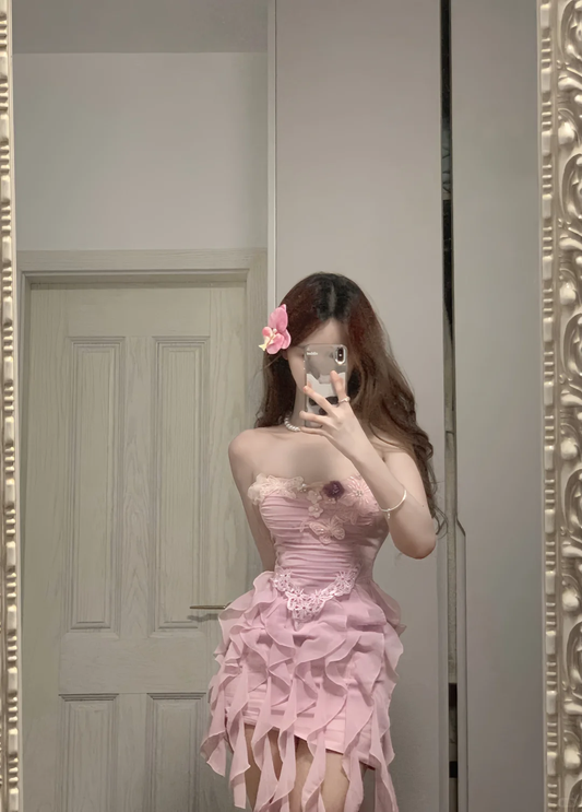 Pink A Line Strapless Chiffon Ruffles Short Prom Dress,Homecoming Dress,Birthday Dress GG3371