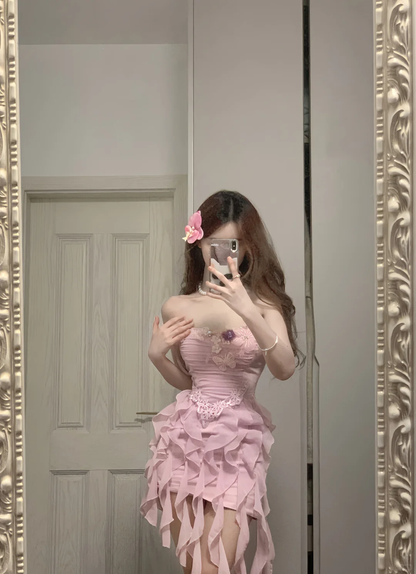 Vestido de fiesta corto rosa de gasa con volantes, corte A, sin tirantes, para regreso a casa y cumpleaños GG3371