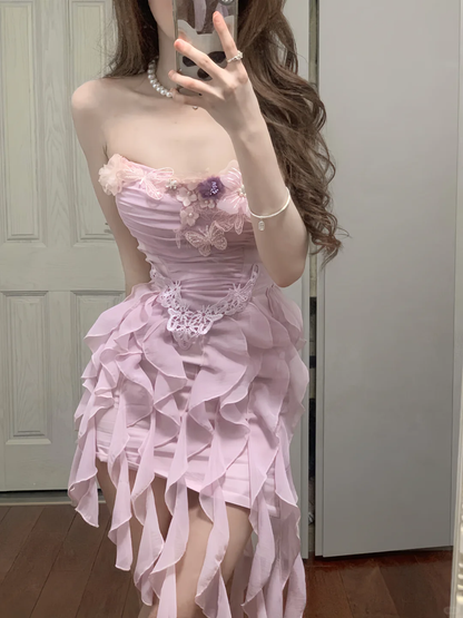 Vestido de fiesta corto rosa de gasa con volantes, corte A, sin tirantes, para regreso a casa y cumpleaños GG3371