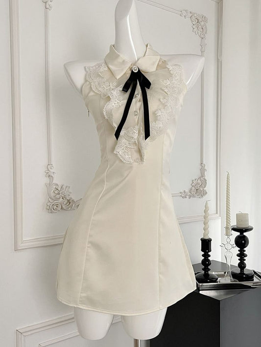 Princess A Line Halter Satin Lace Short Prom Dress,Homecoming Dress,Birthday Dress GG3372