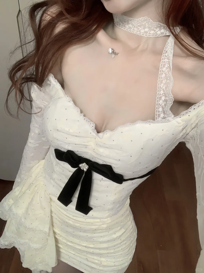 Vestido de fiesta corto de sirena con hombros descubiertos, encaje satinado, mangas largas, sexy, para regreso a casa y cumpleaños GG3376