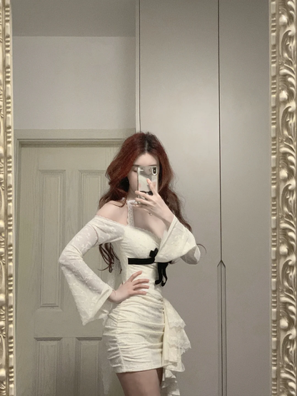 Vestido de fiesta corto de sirena con hombros descubiertos, encaje satinado, mangas largas, sexy, para regreso a casa y cumpleaños GG3376