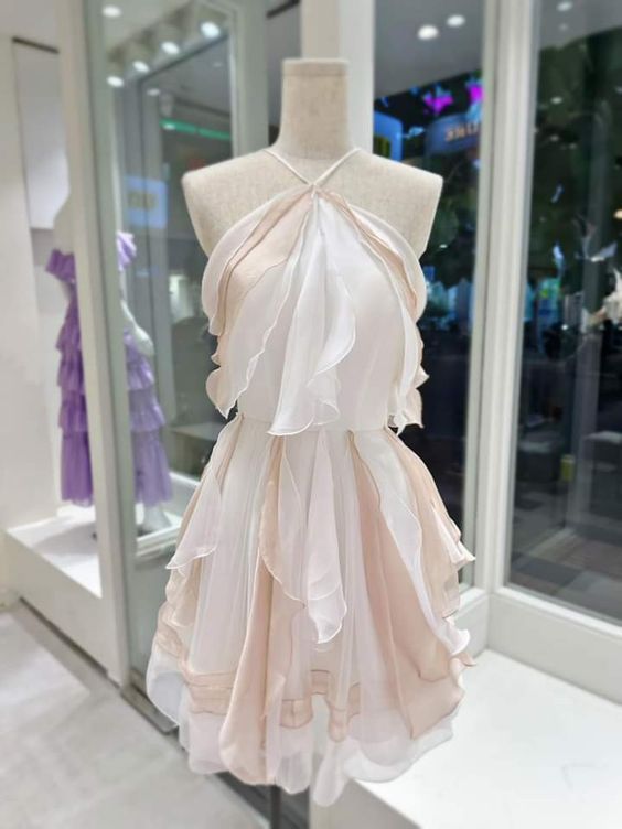 Vestido corto de gasa con volantes, corte A, estilo halter, para fiesta de graduación o cumpleaños GG3411