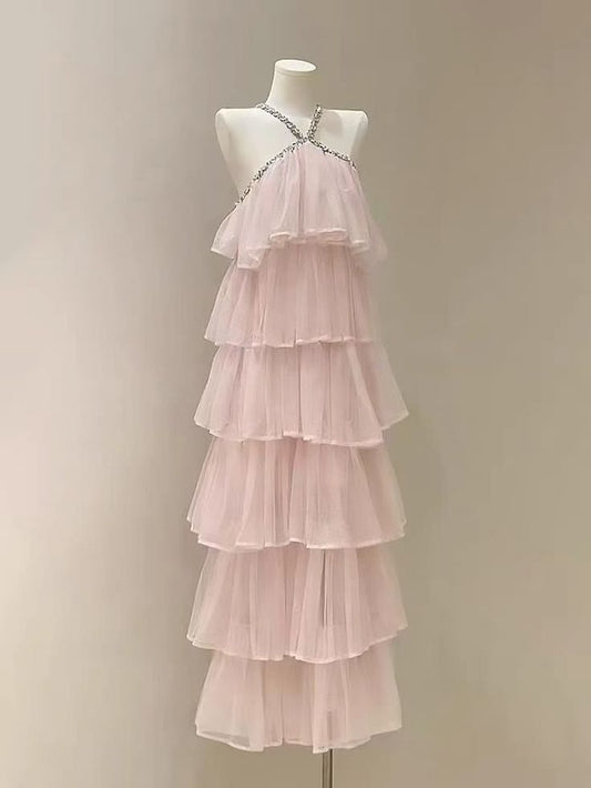 Pink A Line Halter Chiffon Tiered Long Prom Dress,Party Dress,Evening Dress GG3423