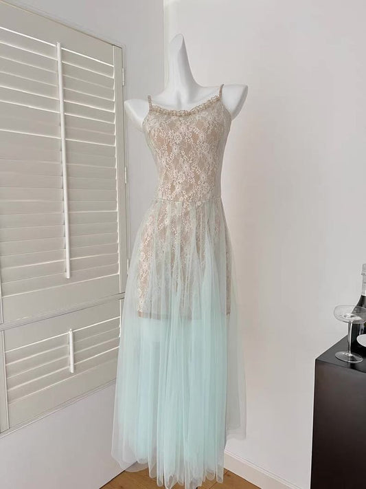 Unique A Line Sapghetti Straps Tulle Lace Long Prom Dress,Party Dress,Evening Dress GG3427