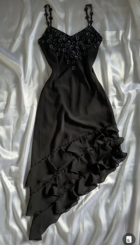 Vestido de fiesta corto de gasa con tirantes finos, corte A, negro, con apliques, para regreso a casa y cumpleaños, GG3439