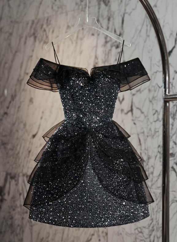 Vestido de fiesta corto con lentejuelas, tul negro, tirantes finos y purpurina, corte A, para regreso a casa y cumpleaños, GG3461